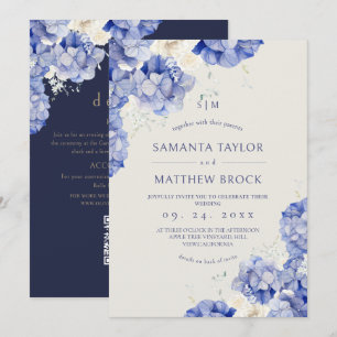 All in One Modern⎮Ivory Navy Flowers Wedding Invitation