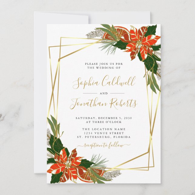 All in One Modern Poinsettia Gold Winter Wedding Invitation (Front)
