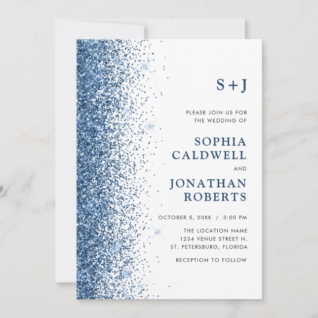 All in One Monogram Sparkly Blue Glitter Wedding Invitation (Front)