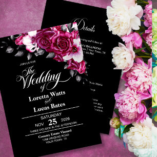 All In One Moody Pink Rose Floral Black Wedding Invitation