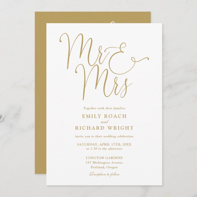 All In One Mr And Mrs Elegant Gold Wedding Invitation (Front/Back)