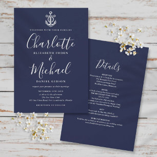 All In One Nautical Navy Blue And White Wedding Invitation