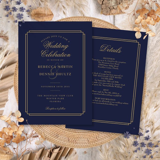 All In One Navy Blue and Gold Art Deco Wedding Invitation (All In One Navy Blue and Gold Art Deco Wedding Invitation)