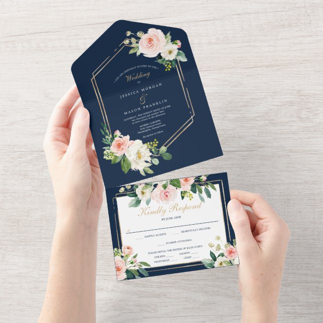 All in One Navy Blue Gold Blush Wedding Invite (Tearaway)
