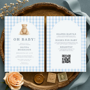 All in One Oh Baby Bear Blue Gingham Baby Shower Invitation