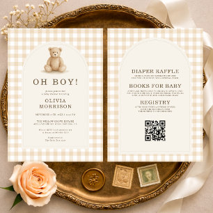 All in One Oh Boy Teddy Bear Gingham Baby Shower Invitation