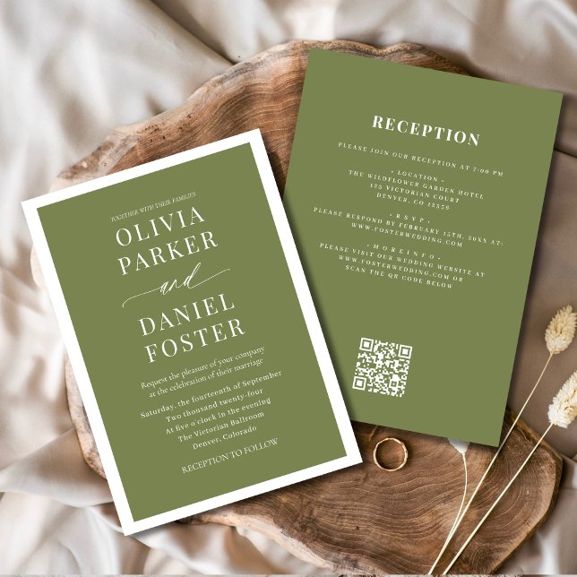 All in One Olive Green QR Code Minimalist Wedding Invitation (Creator Uploaded)