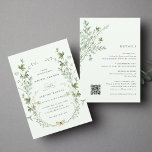 All In One Pale Green Elegant Wildflower Wedding  Invitation<br><div class="desc">This all-in-one wedding invitation features beautiful hand-painted watercolor wildflowers arranged as a wreath and wedding details,  QR code on the back. Perfect for spring,  summer,  or fall weddings. For more advanced customisation of this design,  please click the BLUE DESIGN TOOL BUTTON above!  Matching items are also available.</div>
