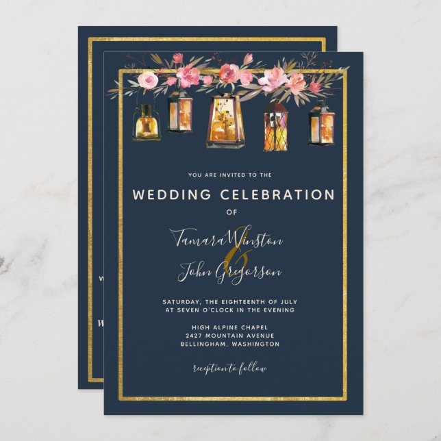All In One Peonies Lanterns Navy Coral Wedding Invitation (Front/Back)