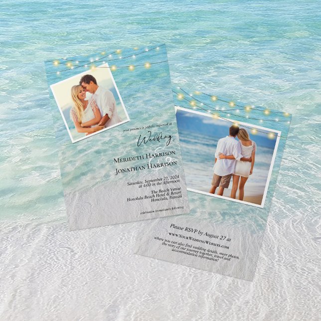  All In One Photo Seaside Sandy Beach & Lights Invitation (Front and back - features RSVP information, website, and any details you would like to add.)