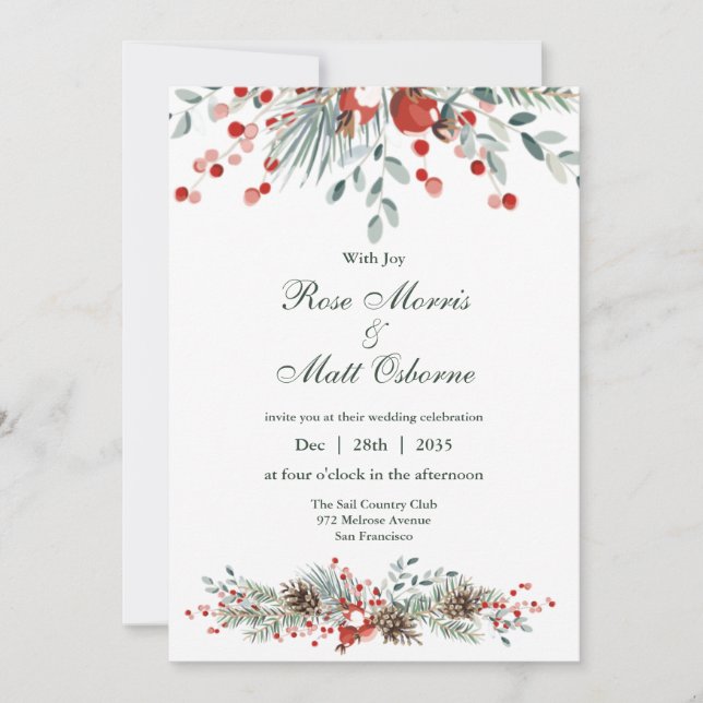 All in one,pine branches and red berries.Christmas Invitation (Front)