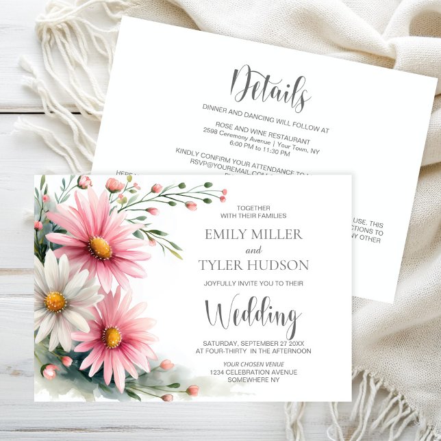 All in One Pink and White Daisies Wedding Invitation (Creator Uploaded)
