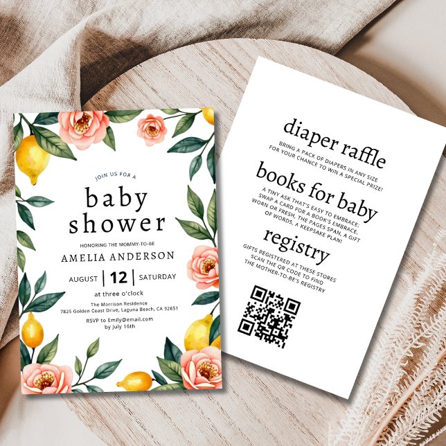 All in One Pink Yellow Floral Lemon Baby Shower Invitation (Creator Uploaded)