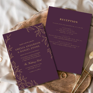 All in One Plum Purple Gold Minimal Leaf Wedding  Invitation