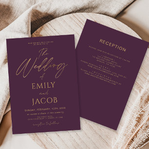 All in One Plum Purple Gold Wedding Script Invitation