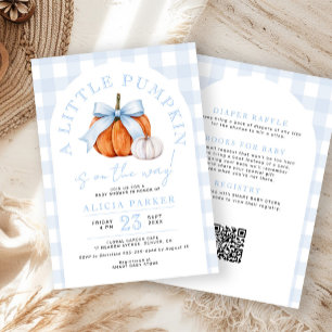 All in one pumpkin blue bow boy baby shower invitation