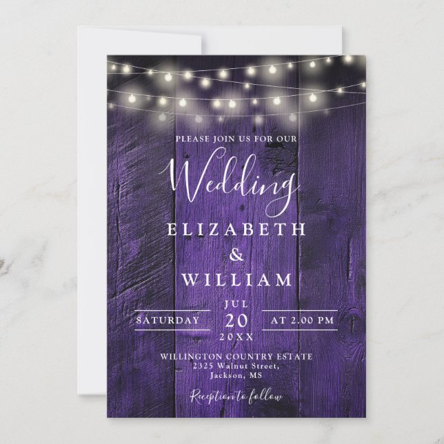 All In One Purple Barn Wood String Lights Wedding Invitation (Front)