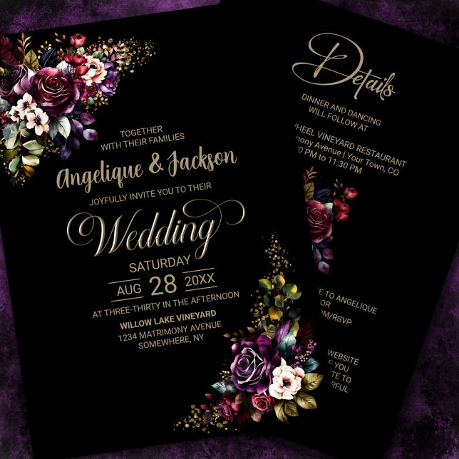 All In One Purple Burgundy Black Floral Wedding Invitation (Creator Uploaded)