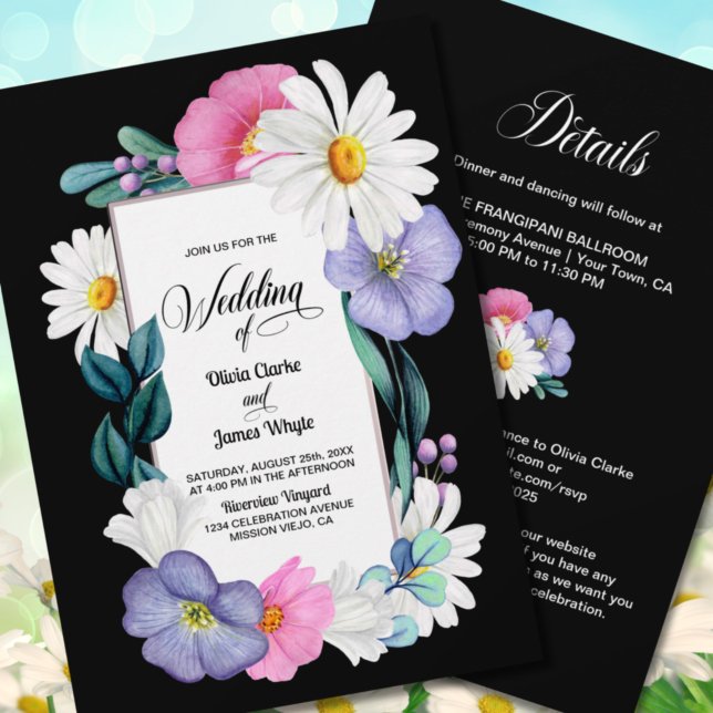 All In One Purple Pink Floral on Black Wedding Invitation (Creator Uploaded)