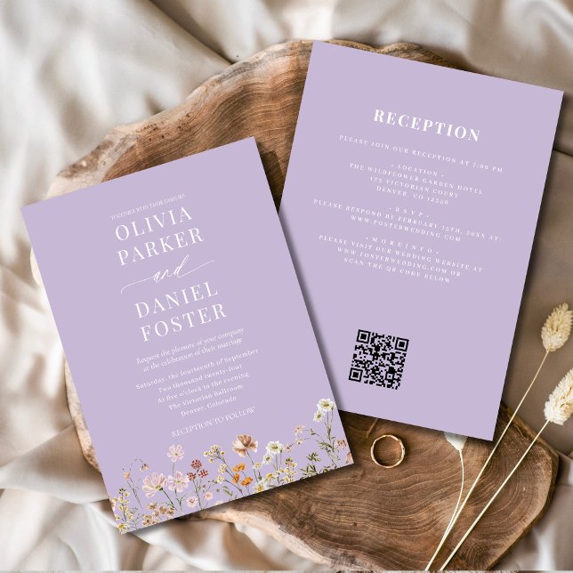 All in One Purple Wildflower QR Code Wedding  Invitation (Creator Uploaded)