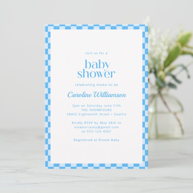 All in One QR Code Blue Check Retro Baby Shower Invitation (Standing Front)