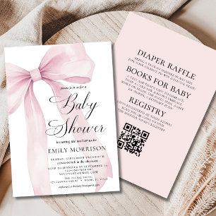 All in One QR Code Blush Pink Bow Girl Baby Shower Invitation