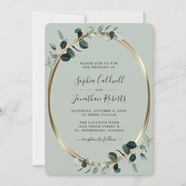 All in One QR Code Eucalyptus Gold Sage Wedding In Invitation (Front)
