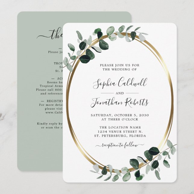 All in One QR Code Eucalyptus Gold Sage Wedding Invitation (Front/Back)