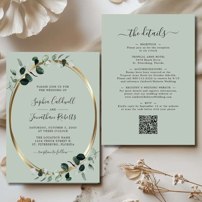 All in One QR Code Eucalyptus Gold Sage Wedding Invitation (Updated Eucalyptus Gold Sage Double Sided All in One Wedding Invitation)