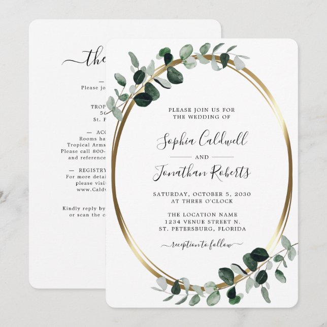 All in One QR Code Eucalyptus Gold White Wedding I Invitation (Front/Back)
