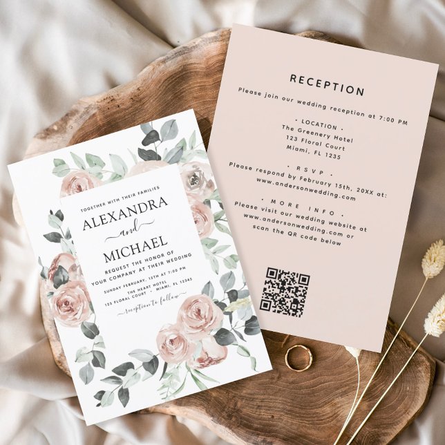 All in One QR Code Pink Floral Eucalyptus Wedding Invitation (Creator Uploaded)