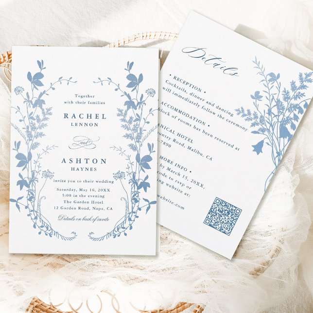 All In One Romantic French Blue Botanical Wedding Invitation (Front & Back)