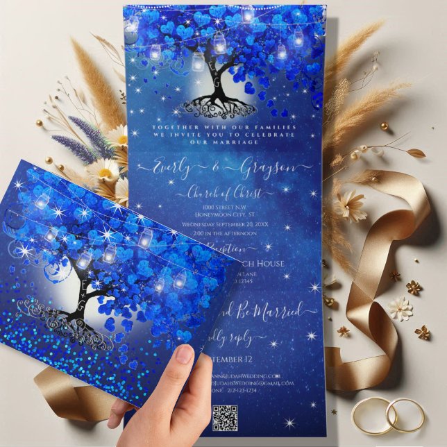 All In One Royal Blue Heart Leaf Wedding Tri-Fold Invitation (Creator Uploaded)
