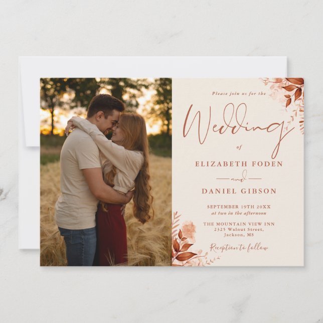 All In One Rustic Autumn Fall Floral Photo Wedding Invitation (Front)