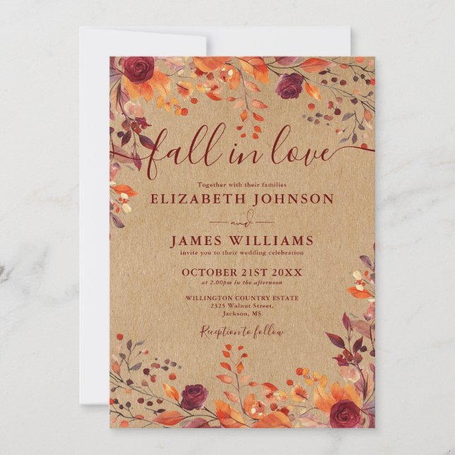All In One Rustic Fall In Love QR Code Wedding Invitation (Front)