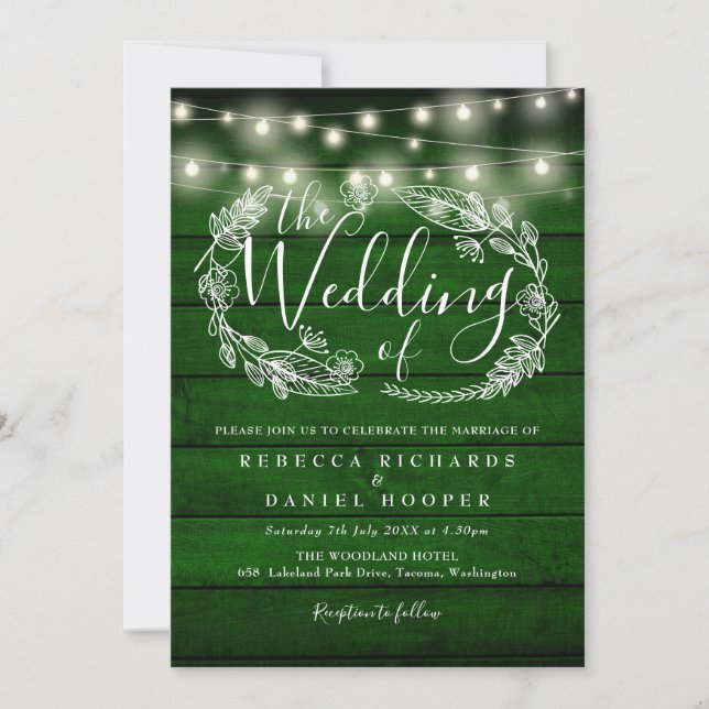 All In One Rustic Greeen Wood String Light Wedding Invitation (Front)
