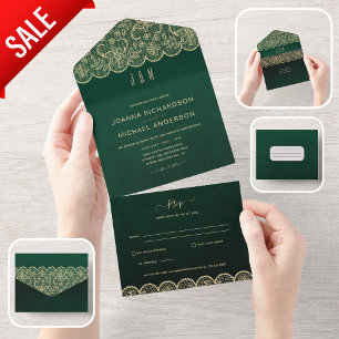 All In One Rustic Green Lace Wedding with RSVP Invitation