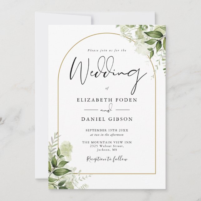 All In One Rustic Greenery Gold Arch Wedding Invitation (Front)