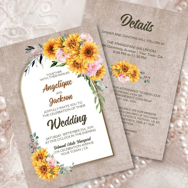 All In One Rustic Sunflower Pink Rose Arch Wedding Invitation (Creator Uploaded)