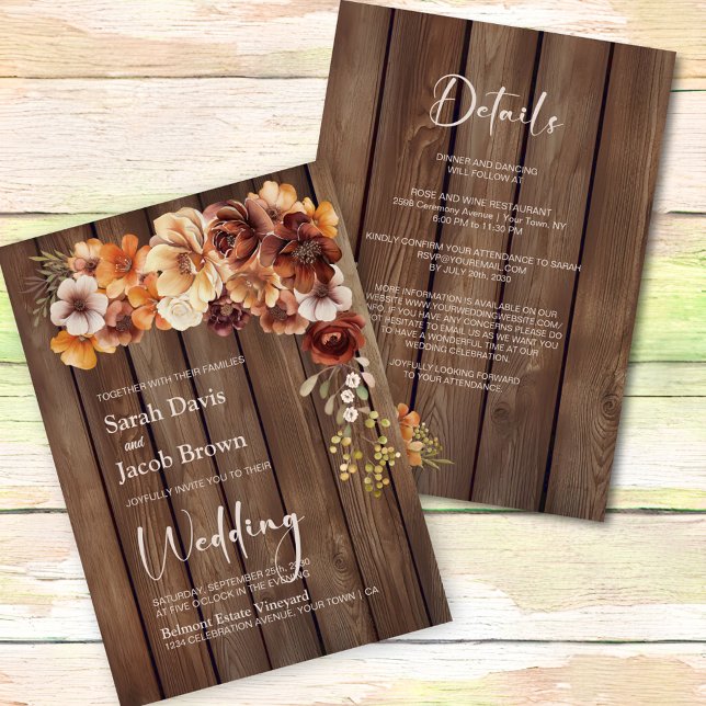 All in One Rustic Wood Floral Wedding Invitation (Creator Uploaded)