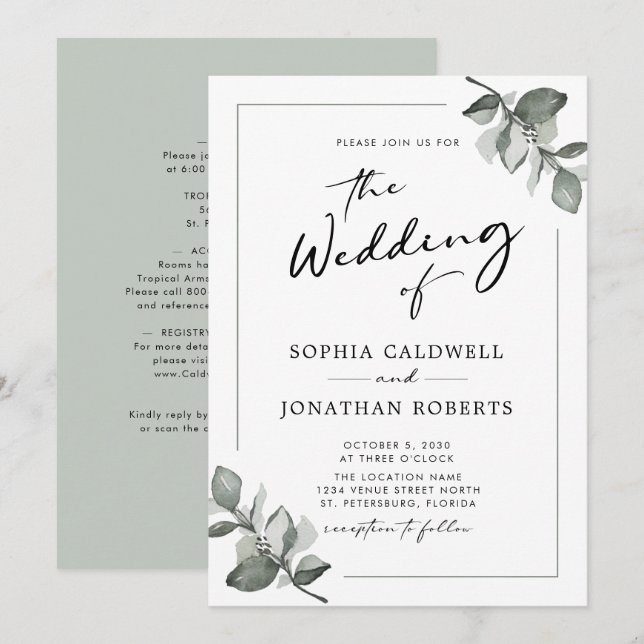 All in One Sage Eucalyptus Calligraphy Wedding Invitation (Front/Back)