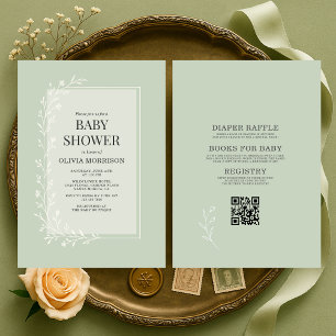 All in One Sage Green Botanical Floral Baby Shower Invitation