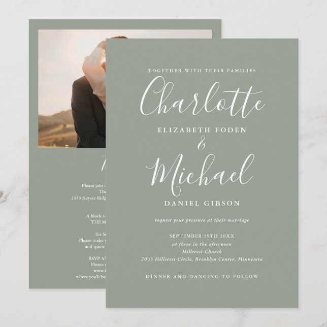 All In One Sage Green Chic Script Photo Wedding Invitation (Front/Back)
