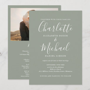 All In One Sage Green Chic Script Photo Wedding Invitation