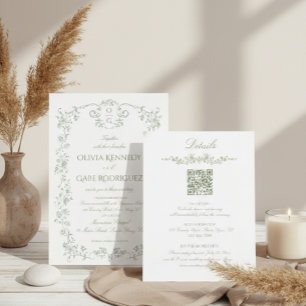 All in One Sage Green French Floral w QR Wedding Invitation