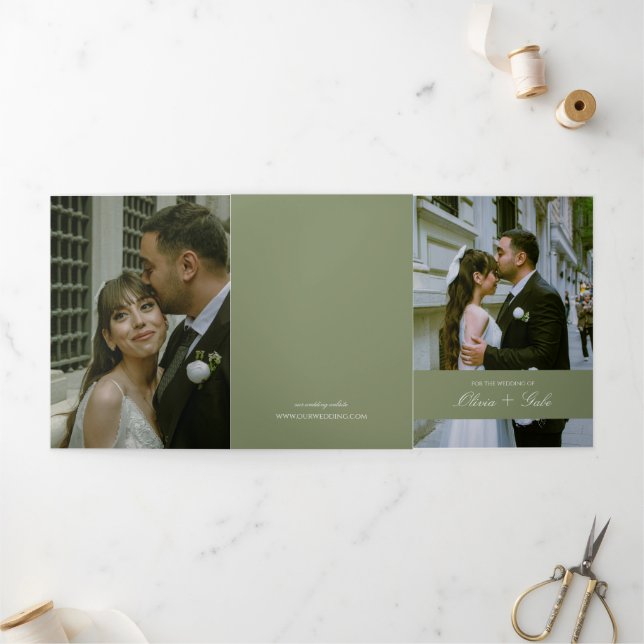 All in One Sage Green French Floral w QR Wedding Tri-Fold Invitation (Outside)