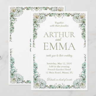All in One Sage Green French Floral Wedding Invita Invitation