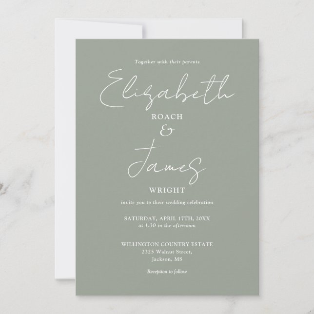 All In One Sage Green Minimalist Elegant Wedding Invitation (Front)