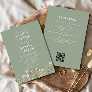 All in One Sage Green Wildflower QR Code Wedding  Invitation