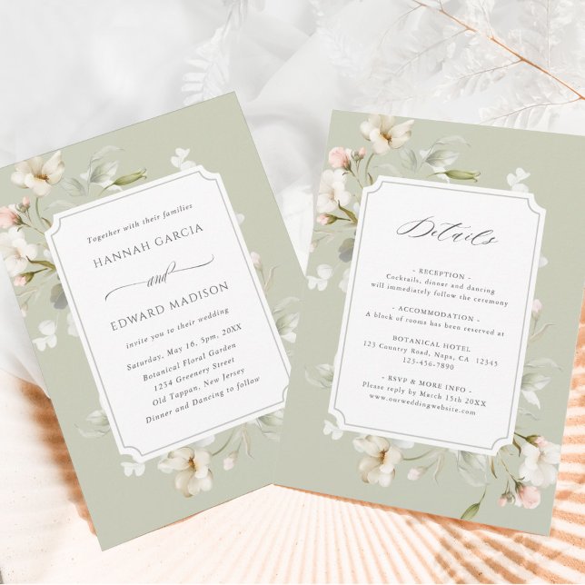 All In One Sage White Blush Elegant Floral Wedding Invitation (Creator Uploaded)